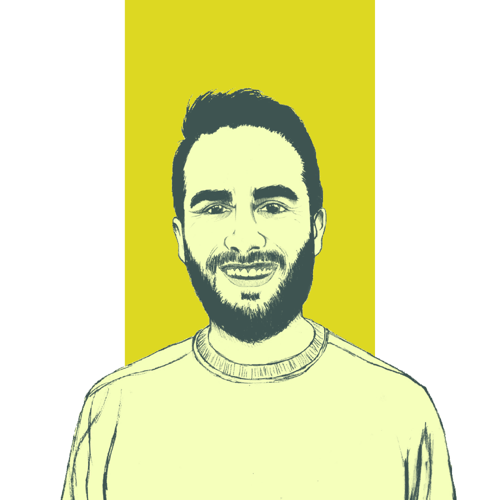 A realistic, illustrated portrait of Blake Russell — a DBT Core Certified therapist and founder of You’re Normal. He has short, dark hair and a short beard and wears a crewneck sweater, as well as a friendly smile