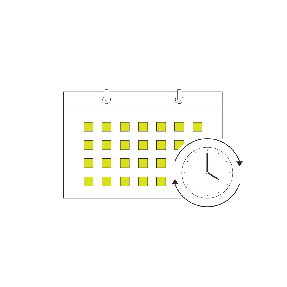 Arrows surrounding a clock sit on top of a monthly calendar