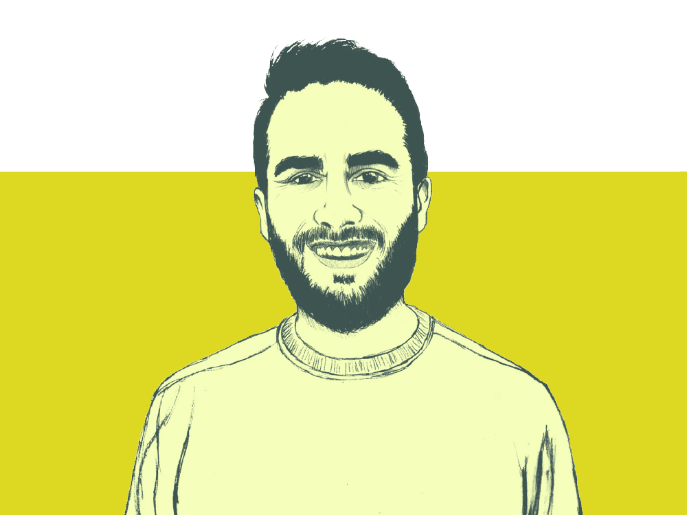 A realistic, illustrated portrait of Blake Russell — a DBT Core Certified therapist and founder of You’re Normal. He has short, dark hair and a short beard and wears a crewneck sweater, as well as a friendly smile