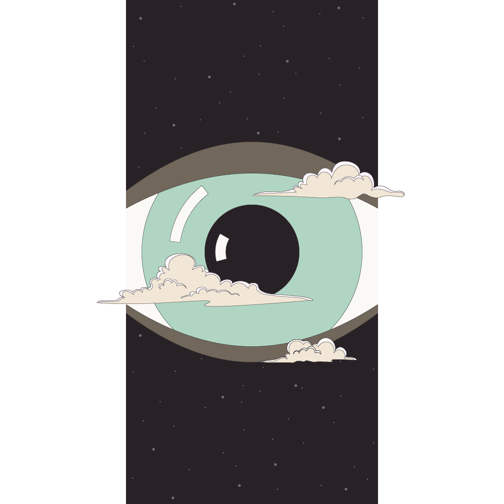 An eye, surrounded by darkness and clouds, peers through an elongated window into the light