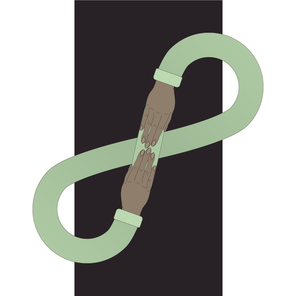 Two hands reach toward each other from arms intertwined in an infinite loop